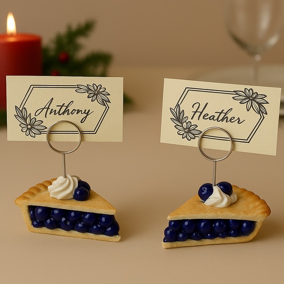 Blueberry Pie Place Card Holders - Set of 2 Hand-Sculpted Table Setting Decor - Picture 1 of 10
